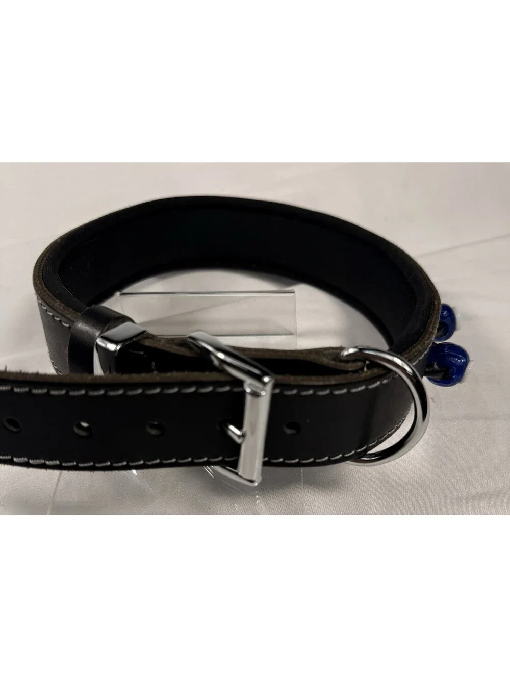 Leather Dog Collar Top Quality Padded Neck W/ Blue White Round Beaded Look